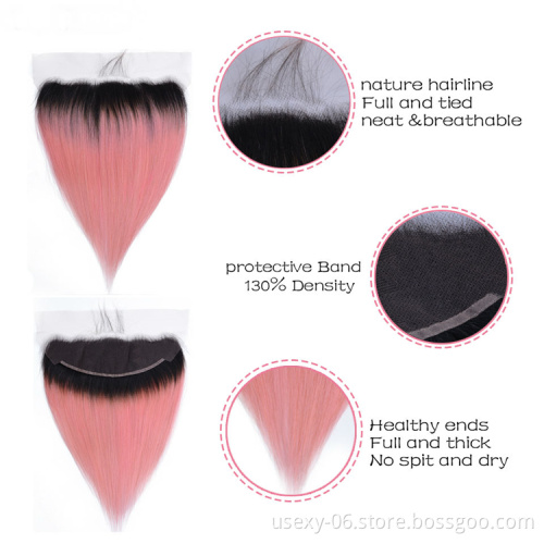 Factory Price Ombre Human Hair 1B/Pink Straight Wave Hair Bundles With Frontal Closure